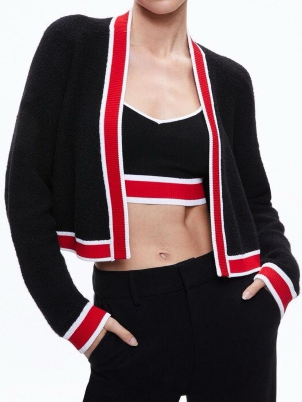 Black Cropped Cardigan with Red & White Trim